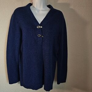 Karen Scott v neck knit women blue metal clasp detail long sleeve 100% cotton